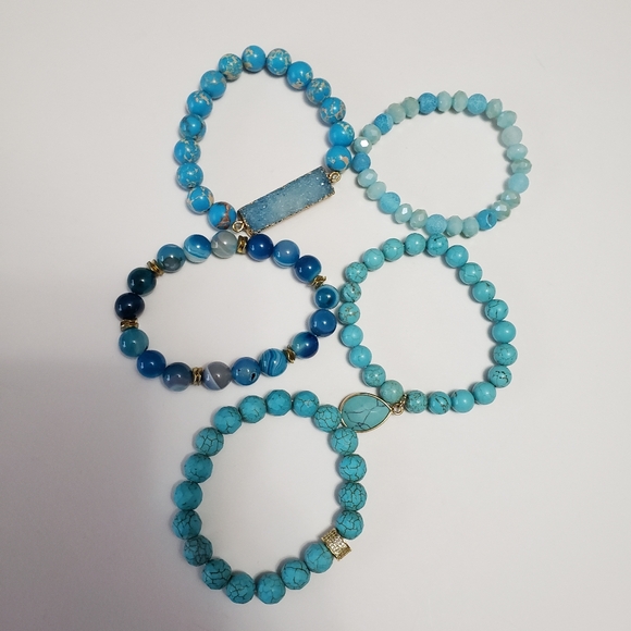 Bohemian Blue Ocean Women's bracelet 5pcs Natural Stone Glass Handmade Beaded - Picture 15 of 15